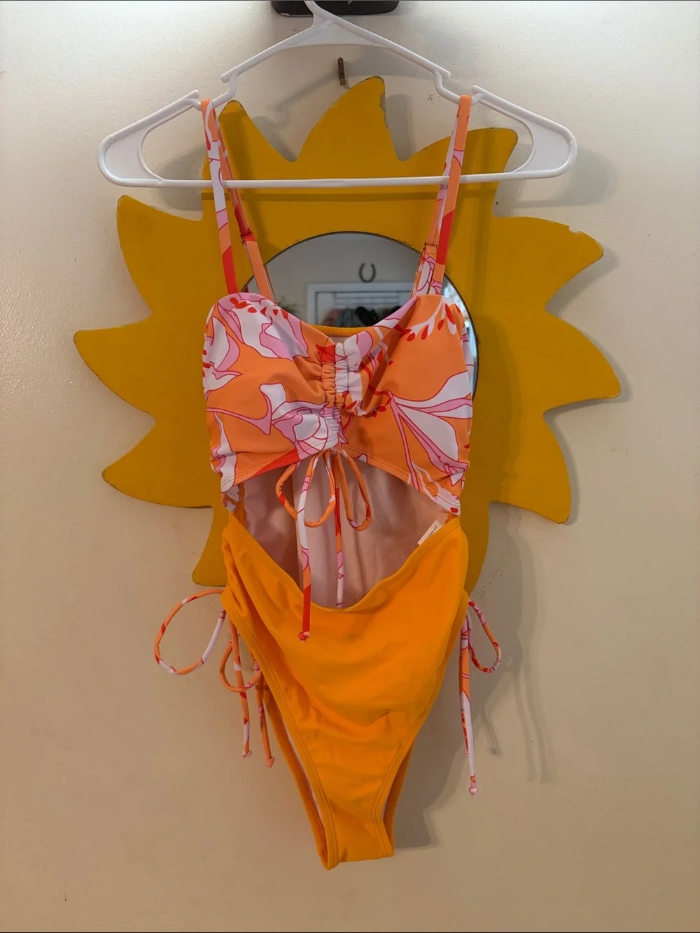 Orange Floral Cutout One-Piece Swimsuit with Tie Details